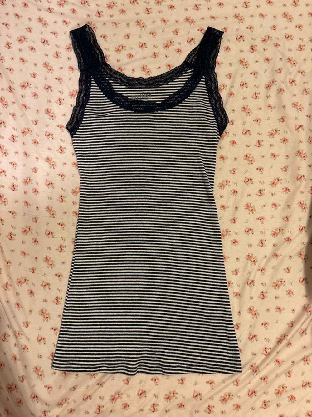 Old Navy Black and White Striped Lace-Trim Tank Camisole